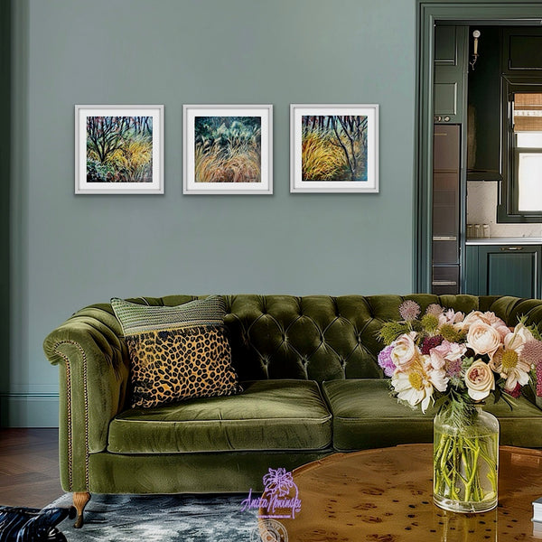 Dwindling i-iii- three small framed paintings of Winter trees & grasses in gold teal & turquoise by anita nowinska art