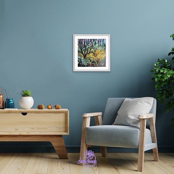 Dwindling ii- Winter trees & grasses painting in gold teal & turquoise by anita nowinska art