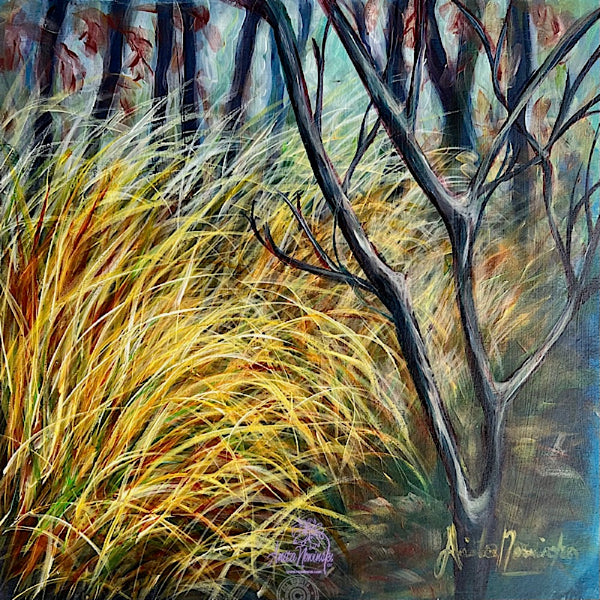 Dwindling ii- Winter trees & grasses painting in gold teal & turquoise by anita nowinska art
