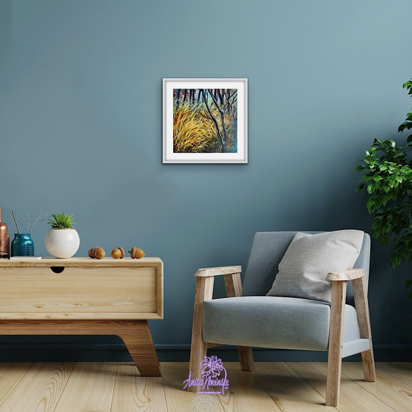 Dwindling ii- Winter trees & grasses painting in gold teal & turquoise by anita nowinska art