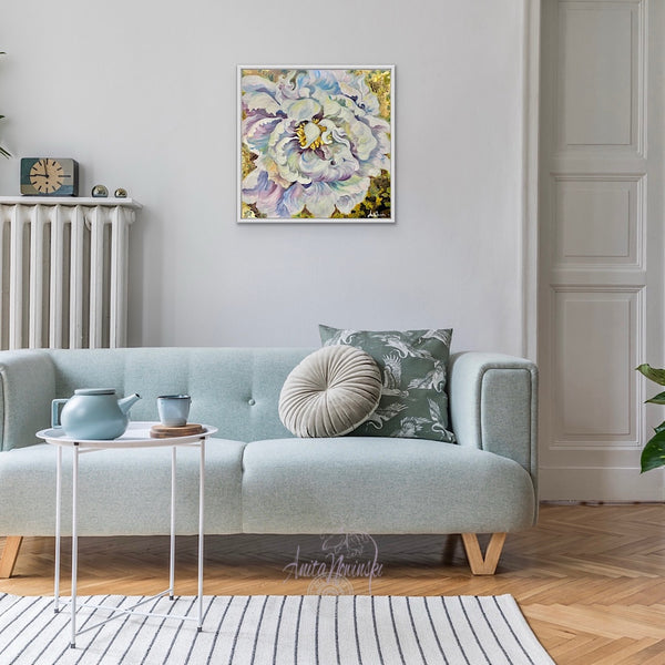 embrace- original framed oil painting of flouncy white peony on a 14ct gold background by anita nowinska.JPEG