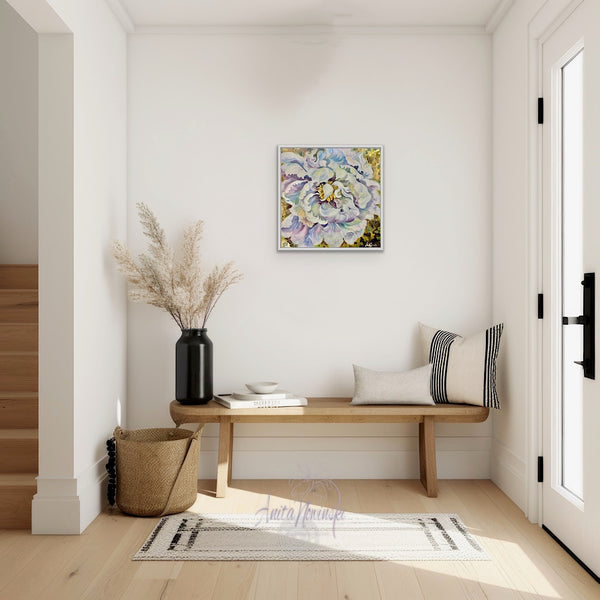 embrace- original framed oil painting of flouncy white peony on a 14ct gold background by anita nowinska.JPEG