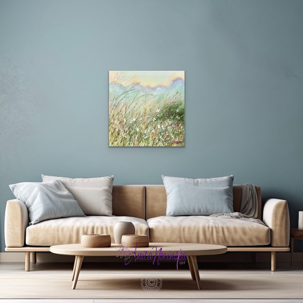 Equilibrium - meadow painting acrylic on canvas  in pale pastel colours by Anita Nowinska Art for well being