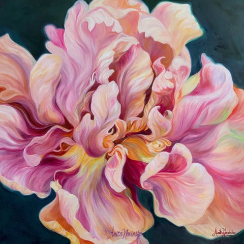la belle epoque tulip big flower painting by anita nowinska in vibrant peach pink and gold on a teal background fine art print