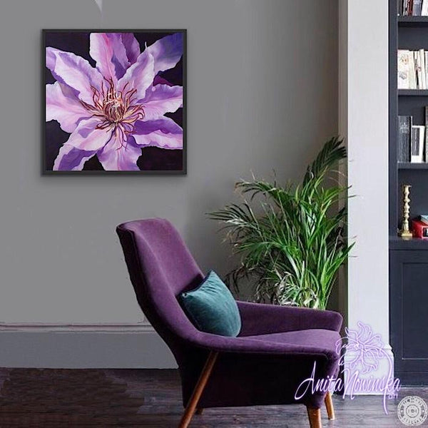 oil on canvas flower painting of purple clematis by anita Nowinska