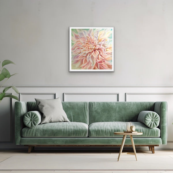 Fine art print of Precious a big flower painting of a pale peach dahlia on a soft green background by anita nowinska cafe au lait dahlia.J