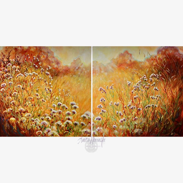 Fullfilment- wildflower meadow painting at golden hour with fufy seed heads, sunrays and warm colours by Anita Nowinska.JPEG