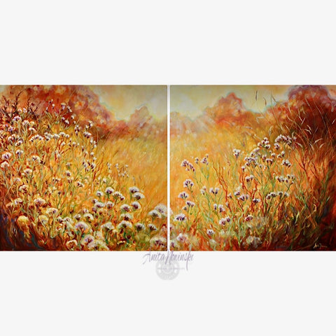 Fullfilment- wildflower meadow painting at golden hour with fufy seed heads, sunrays and warm colours by Anita Nowinska.JPEG