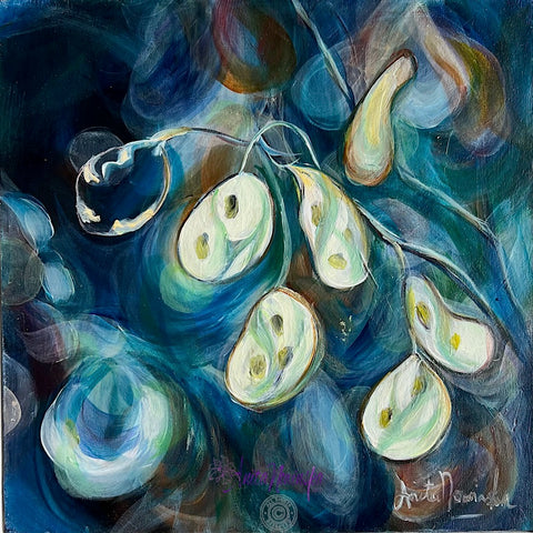 Ghosts is a smal 20cm painting in oil on panel of honesty seed heads against a deep blue backdrop by Anita Nowinska.JPEG