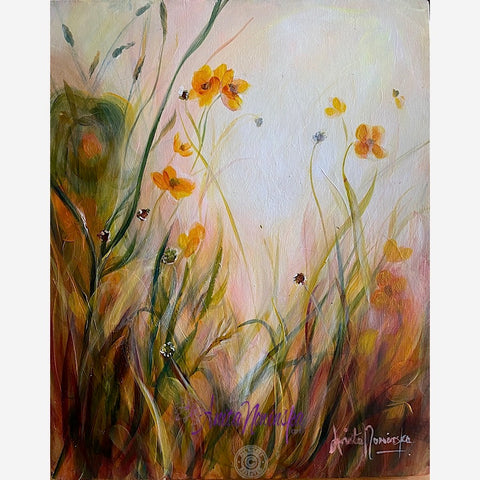 Gleam is a small buttercup meadow painting by anita nowinska with golden buttercups & grasses