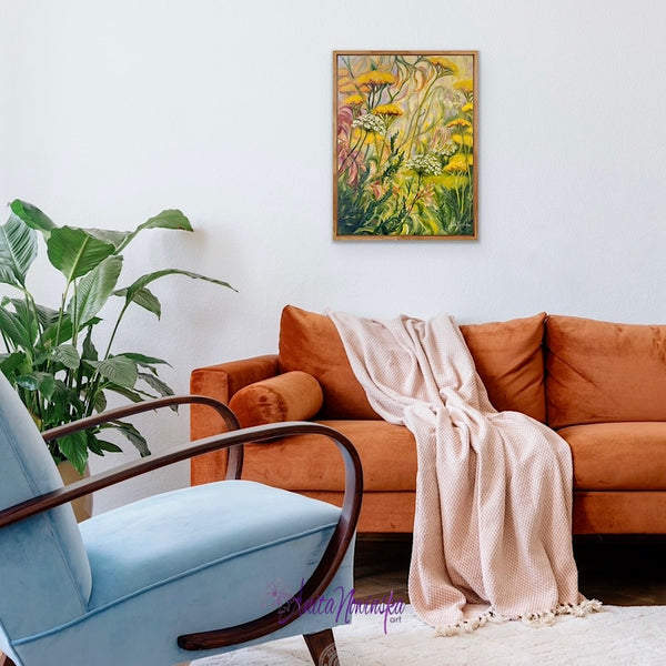 Grounding is a small flower painting of a wild flower garden border with yellow achillea white cow parsley & green fronds by Anita Nowinska.JPEG