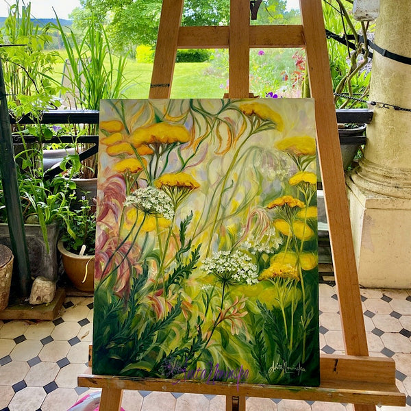 Grounding is a small flower painting of a wild flower garden border with yellow achillea white cow parsley & green fronds by Anita Nowinska.JPEG