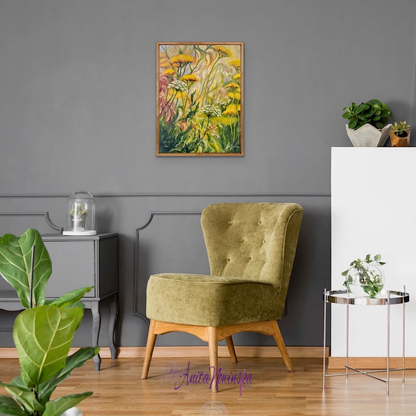 Grounding is a small flower painting of a wild flower garden border with yellow achillea white cow parsley & green fronds by Anita Nowinska.JPEG