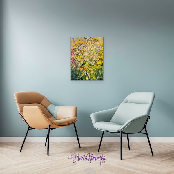 Grounding is a small flower painting of a wild flower garden border with yellow achillea white cow parsley & green fronds by Anita Nowinska.JPEG