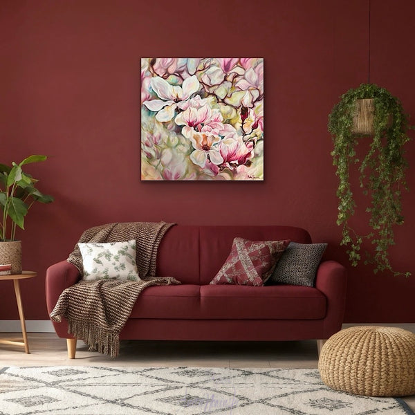Hanakotoba- big flower painting of magnolias in pink cream & white by anita nowinska