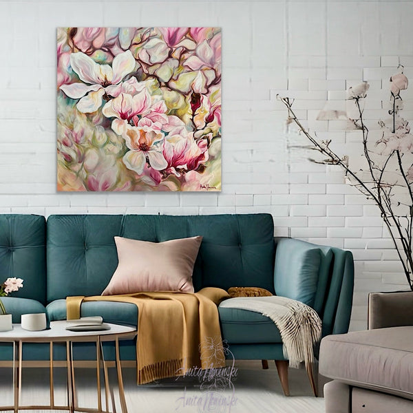 Hanakotoba- big flower painting of magnolias in pink cream & white by anita nowinska
