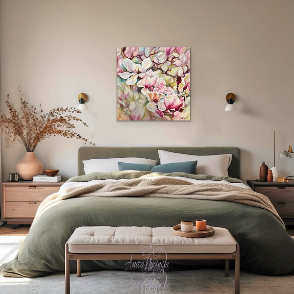 Hanakotoba- big flower painting of magnolias in pink cream & white by anita nowinska