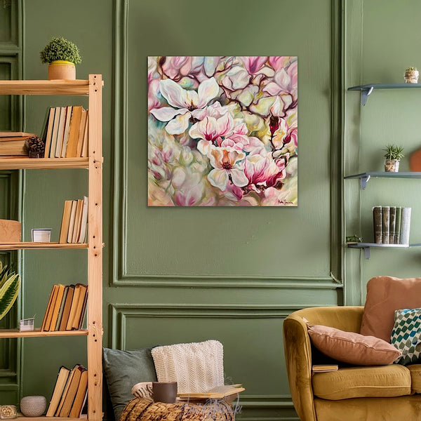 Hanakotoba- big flower painting of magnolias in pink cream & white by anita nowinska
