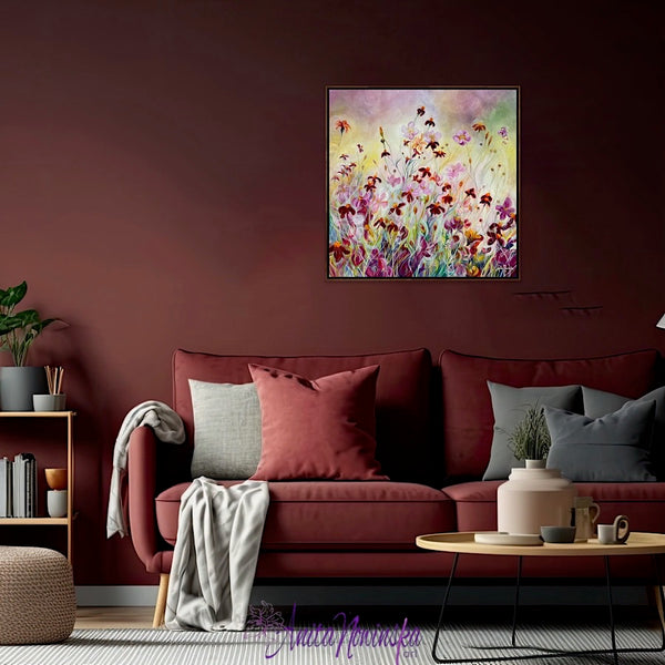 Happy bright flower painting of marigolds & japanese anemones in flower garden meadow by anita nowinska pink gold yellow in maroon living room.JPEG