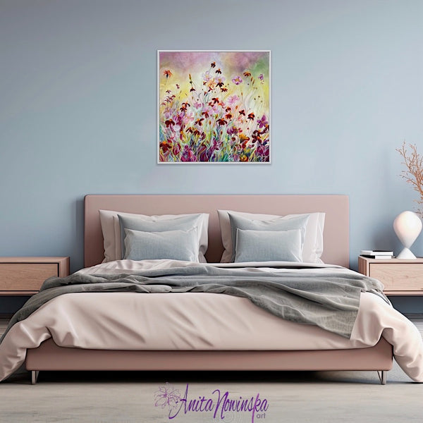 Happy bright flower painting of marigolds & japanese anemones in flower garden meadow by anita nowinska pink gold yellow maroon in blue & pink bedroom