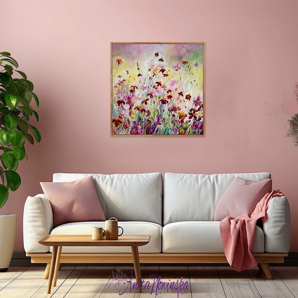 Happy bright flower painting of marigolds & japanese anemones in flower garden meadow by anita nowinska pink gold yellow maroon in pink interiorJPEG