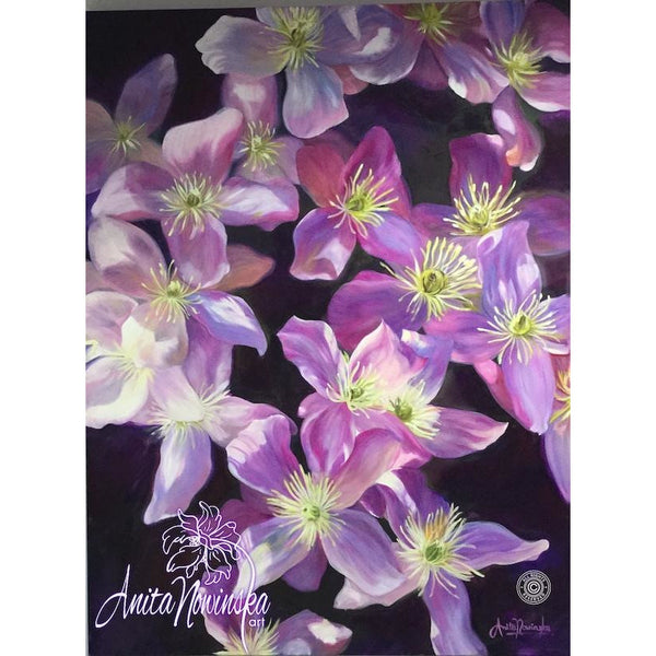 pink-lilac-clematis-purple background-flower paintings-anita nowinska-art-interiors-