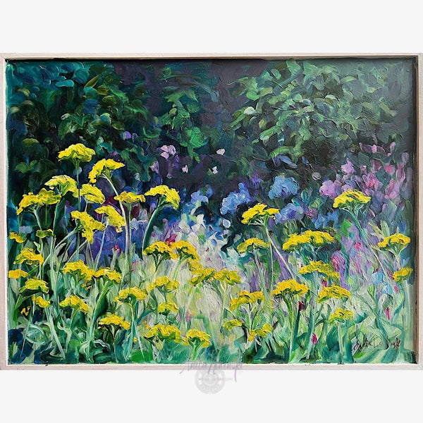 small original framed oil painting of achilea yellow yarrow aganst a dappled navy green and pink background

