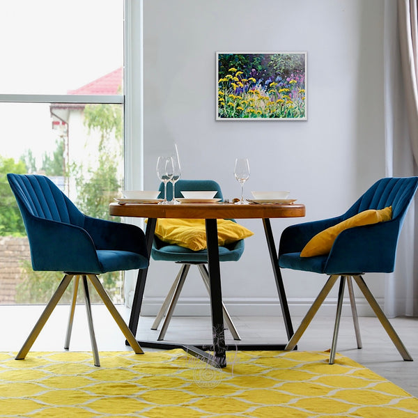 small original framed oil painting of achilea yellow yarrow aganst a dappled navy green and pink background

