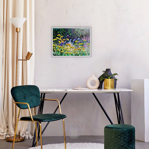 small original framed oil painting of achilea yellow yarrow aganst a dappled navy green and pink background
