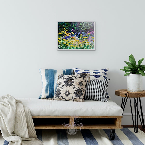 small original framed oil painting of achilea yellow yarrow aganst a dappled navy green and pink background
