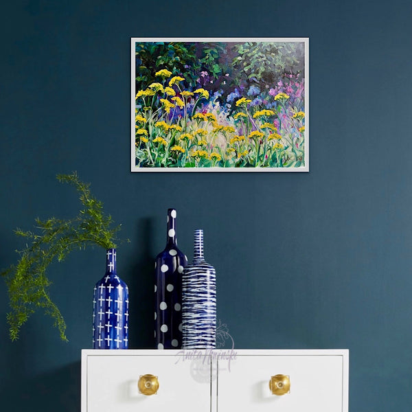 small original framed oil painting of achilea yellow yarrow aganst a dappled navy green and pink background

