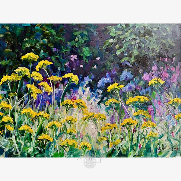 small original framed oil painting of achilea yellow yarrow aganst a dappled navy green and pink background
