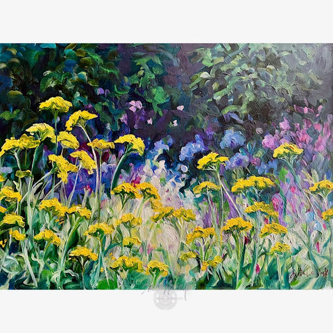 small original framed oil painting of achilea yellow yarrow aganst a dappled navy green and pink background
