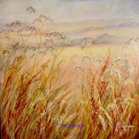 original meadow painting at golden hour by anita nowinska art soft warm tones of peach auburn amber and blue