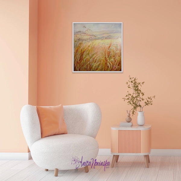 original meadow painting at golden hour by anita nowinska art soft warm tones of peach auburn amber and blue in peach fuzz interior decor