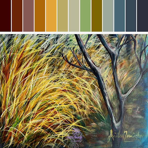 Dwindling ii- Winter trees & grasses painting in gold teal & turquoise by anita nowinska art