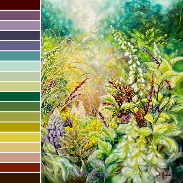 Mosaic- big bright Spring garden flower painting by anita Nowinska green lilac pink.JPG colour palette
