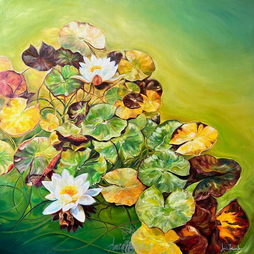 Insights- big waterlily pond painting with lily pads and white lilies on a bright green pond by anita nowinska 