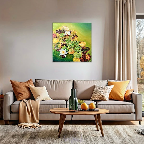 Insights- big waterlily pond painting with lily pads and white lilies on a bright green pond by anita nowinska 
