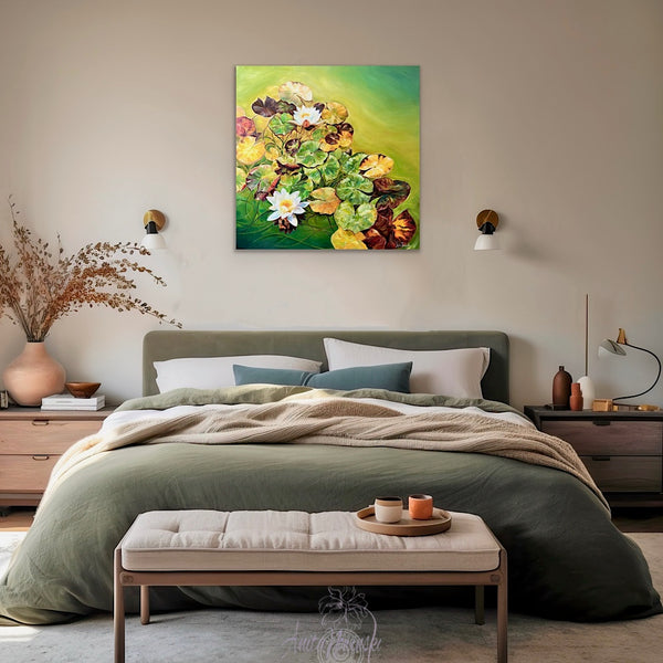 Insights- big waterlily pond painting with lily pads and white lilies on a bright green pond by anita nowinska 