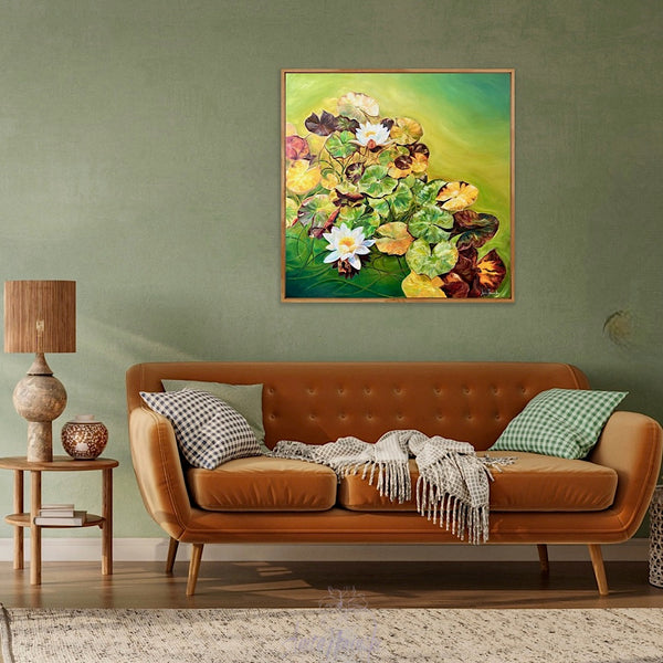 Insights- big waterlily pond painting with lily pads and white lilies on a bright green pond by anita nowinska 