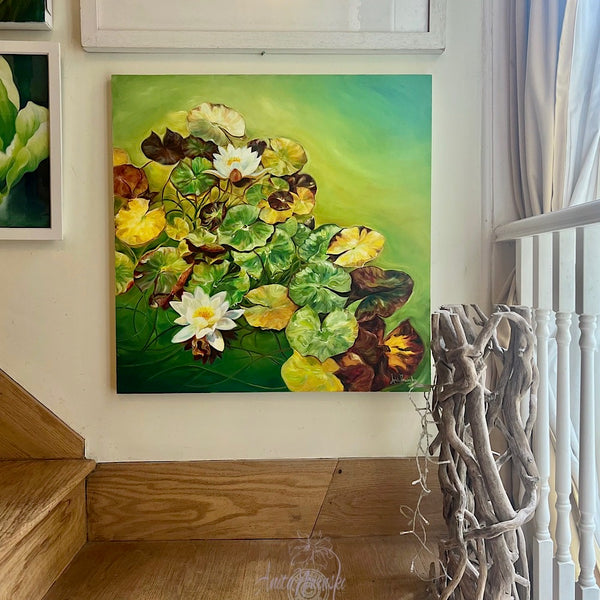 Insights- big waterlily pond painting with lily pads and white lilies on a bright green pond by anita nowinska
