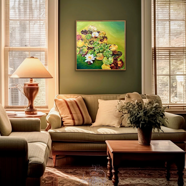 Insights- big waterlily pond painting with lily pads and white lilies on a bright green pond by anita nowinska 
