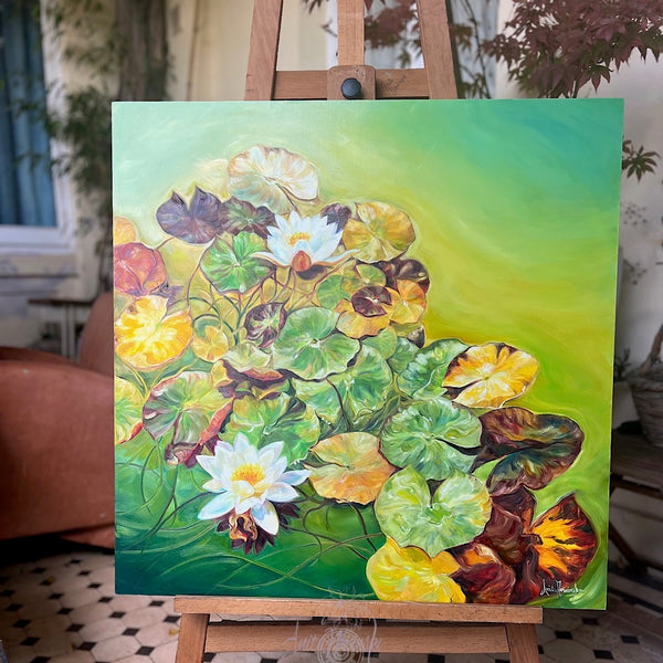 Insights- big waterlily pond painting with lily pads and white lilies on a bright green pond by anita nowinska 