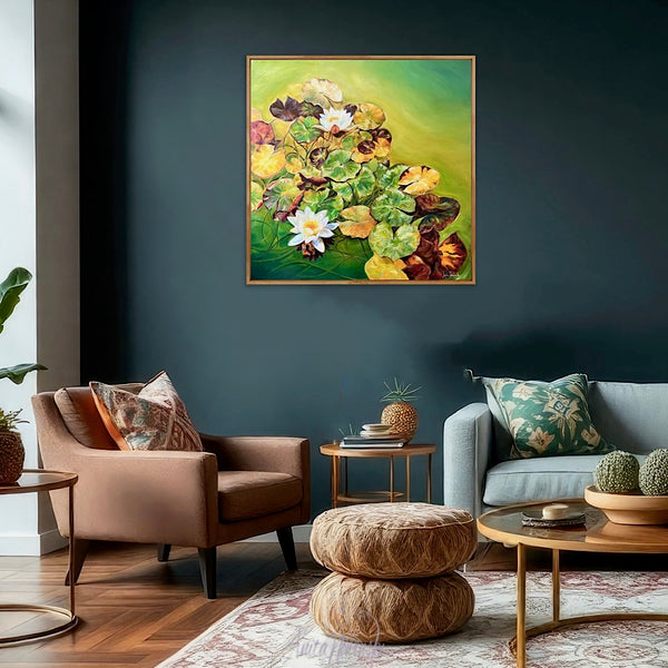 Insights- big waterlily pond painting with lily pads and white lilies on a bright green pond by anita nowinska 