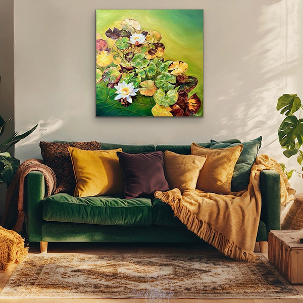 Insights- big waterlily pond painting with lily pads and white lilies on a bright green pond by anita nowinska 