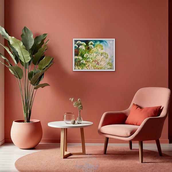 Litheness- oil painting of cow parsley in a devon hedgerow in greens and blues by anita nowinska.JPEG