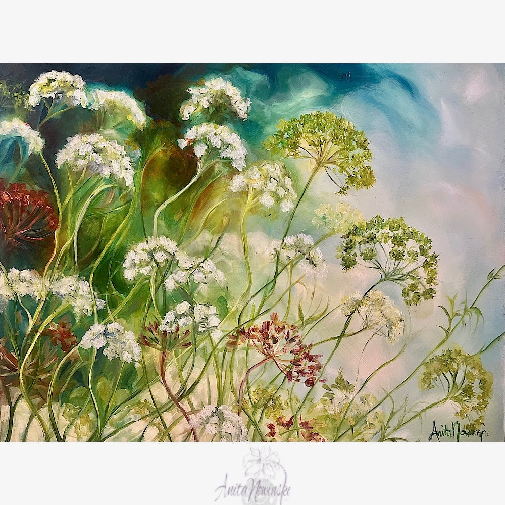 Litheness- oil painting of cow parsley in a devon hedgerow in greens and blues by anita nowinska.JPEG