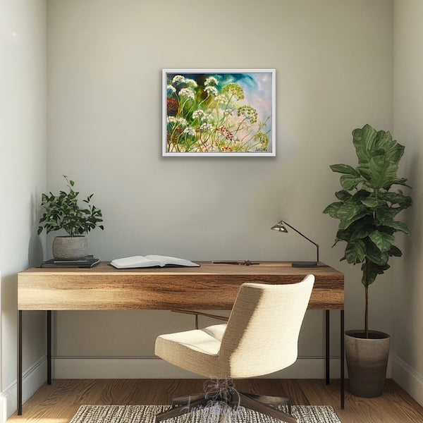 Litheness- oil painting of cow parsley in a devon hedgerow in greens and blues by anita nowinska.JPEG