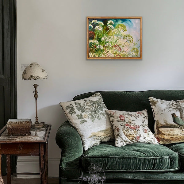 Litheness- oil painting of cow parsley in a devon hedgerow in greens and blues by anita nowinska.JPEG